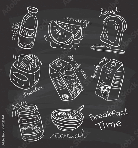 breakfast food in doodle style on chalkboard background