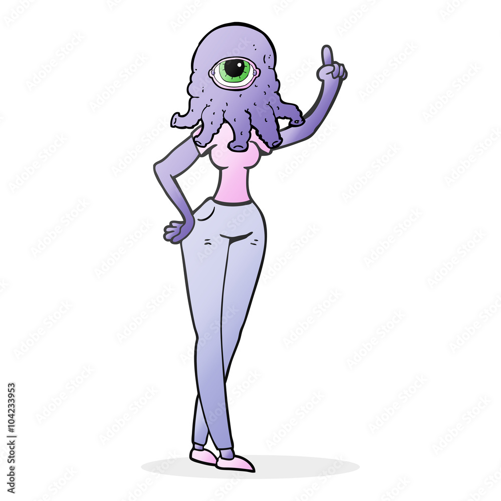 cartoon female alien with raised hand cartoon female alien with raised hand
