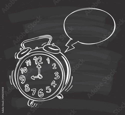 alarm clock with bubble speech on chalkboard background