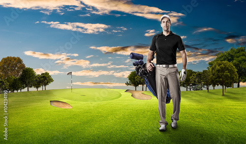 Golf Player using a black uniform.