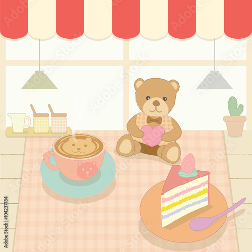 Vector the cake&coffee display decoration with bear doll in the bakery cafe shop.Cute theme and pastel color.