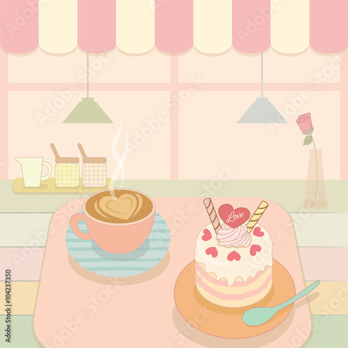 Vector the cake and coffee display in the bakery cafe shop.Cute theme and pastel color for the lover.