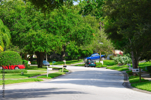 A beautiful suburban residential street with beautiful lush green trees, mailboxes and parked cars