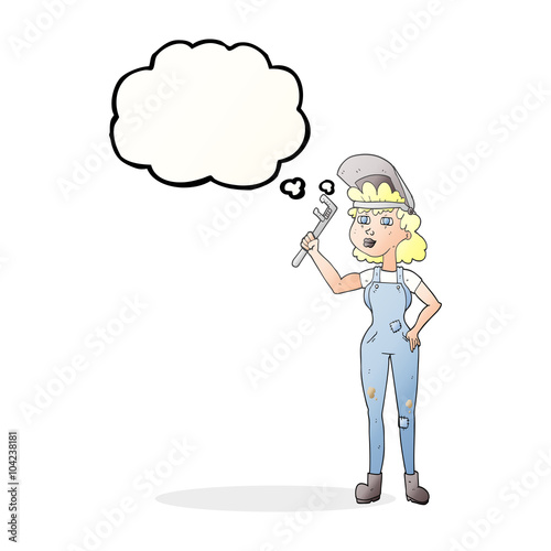 thought bubble cartoon capable woman with wrench