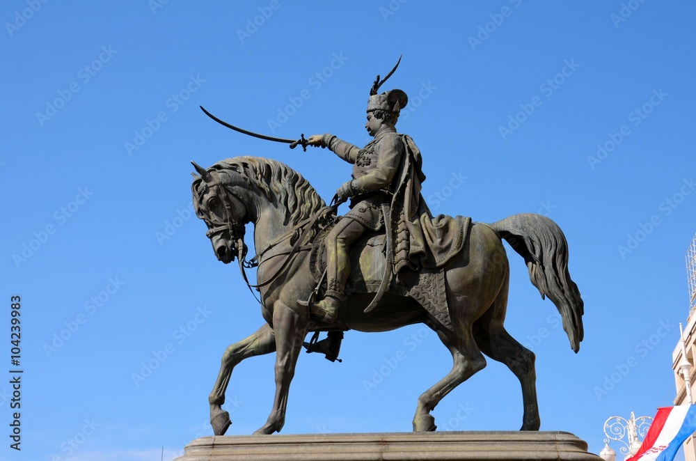 Zagreb, Croatia - March 29, 2015: Statue of Croatia's Ban (or Viceroy) Ban Josip Jelacic in the city's main square. He was ban of Croatia and was a respected military general.