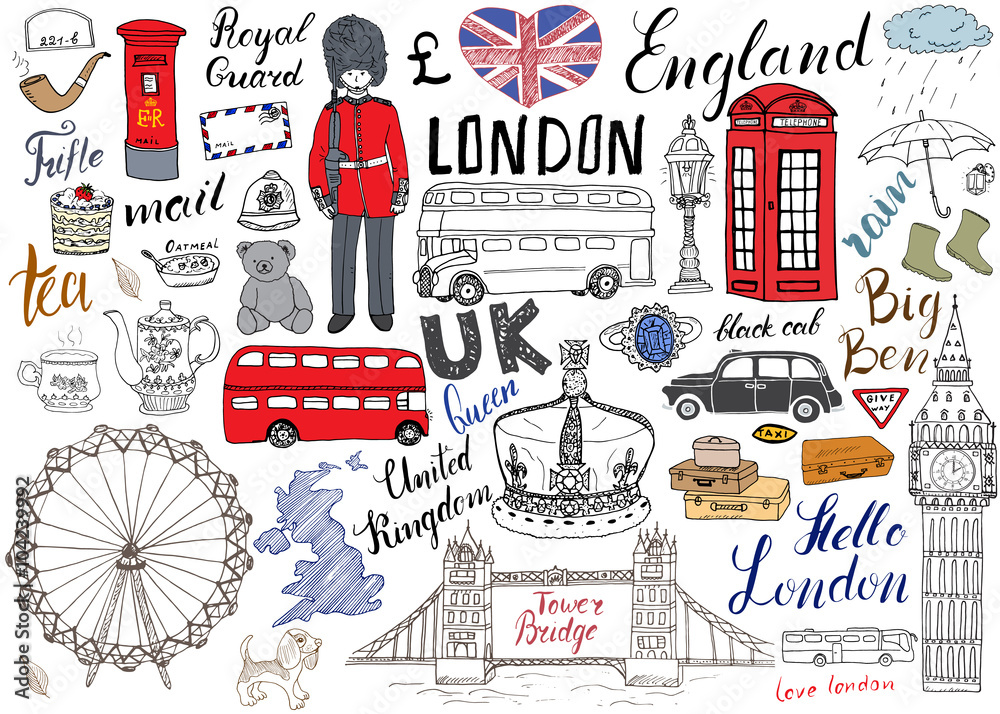 Fototapeta premium Londyńskie miasto doodles elementy kolekcji. Ręcznie rysowane zestaw z, most, wieża, korona, big ben, straż królewska, czerwony autobus i czarna taksówka, mapa Wielkiej Brytanii i flaga, dzbanek do herbaty, napis, ilustracja wektorowa