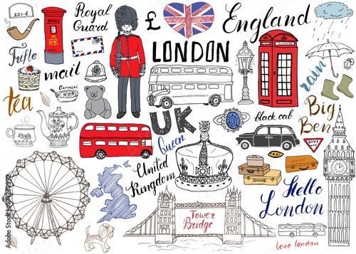Obraz Londyn miasto gryzmoły elementy kolekcji. Ręcznie rysowane zestaw z, tower bridge, korona, big ben, straż królewska, czerwony autobus i czarna taksówka, mapa Wielkiej Brytanii i flaga, dzbanek do herbaty, napis, wektor ilustracja na białym tle