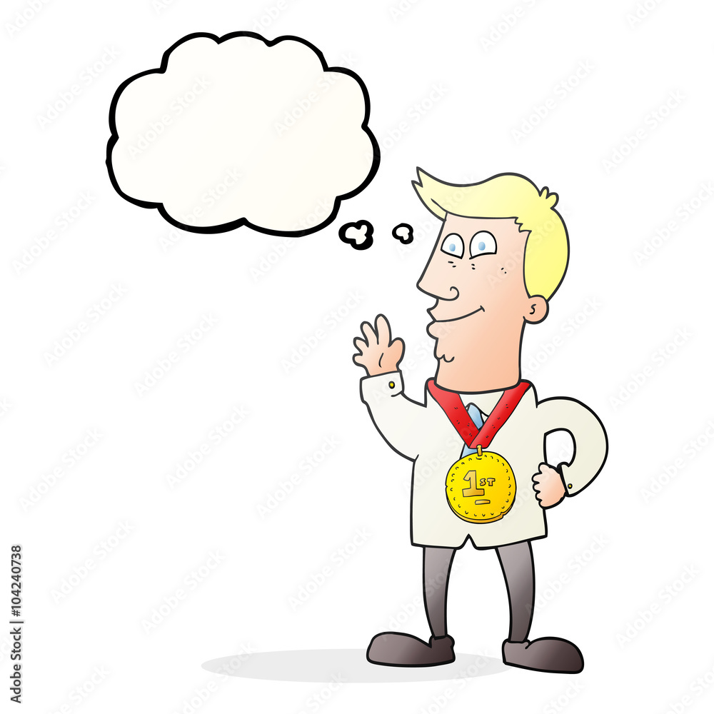 thought bubble cartoon waving man with award thought bubble cartoon waving man with award