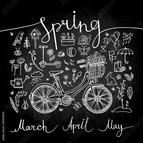 poster spring, set of white icons and symbols with bike on blackboard, inscription, vector illustration