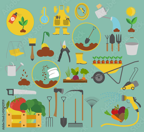 Gardening work, farming icon set. Flat style design