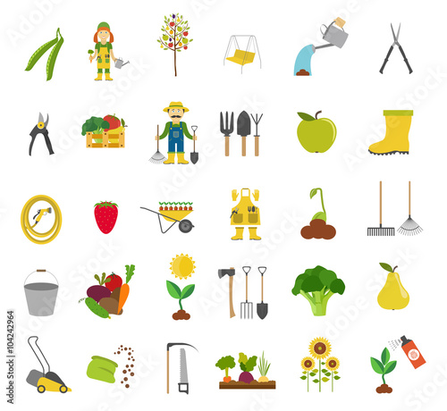 Gardening work, farming icon set. Flat style design