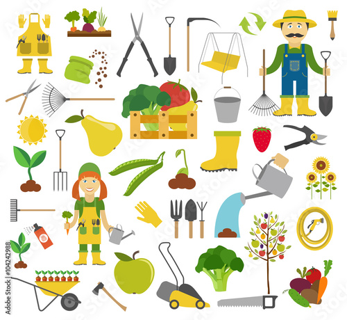 Gardening work, farming icon set. Flat style design