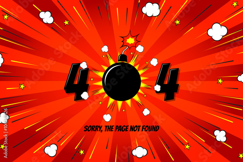404 error page vector template. Vector illustration. Decorative background wiht text warning message 404 page not found and with bomb explosive.
