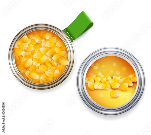 vector open tin can with grains of maize and cans with the label