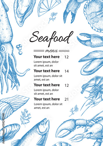 Vector vintage seafood restaurant menu  illustration. Hand drawn
