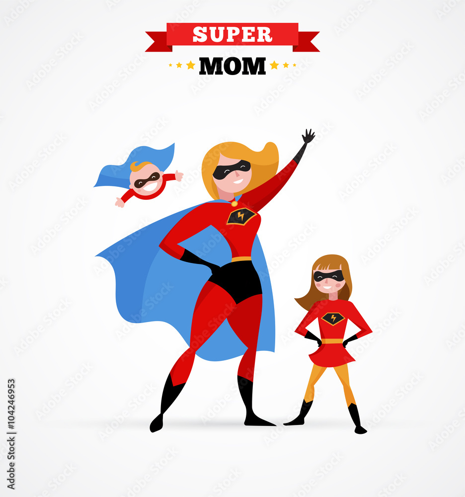 Super hero mother in superhero costume, mum with children