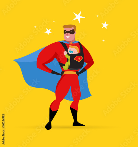 Super hero daddy in superhero costume with carrier and baby
