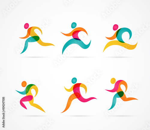 Running marathon colorful people icons and symbols