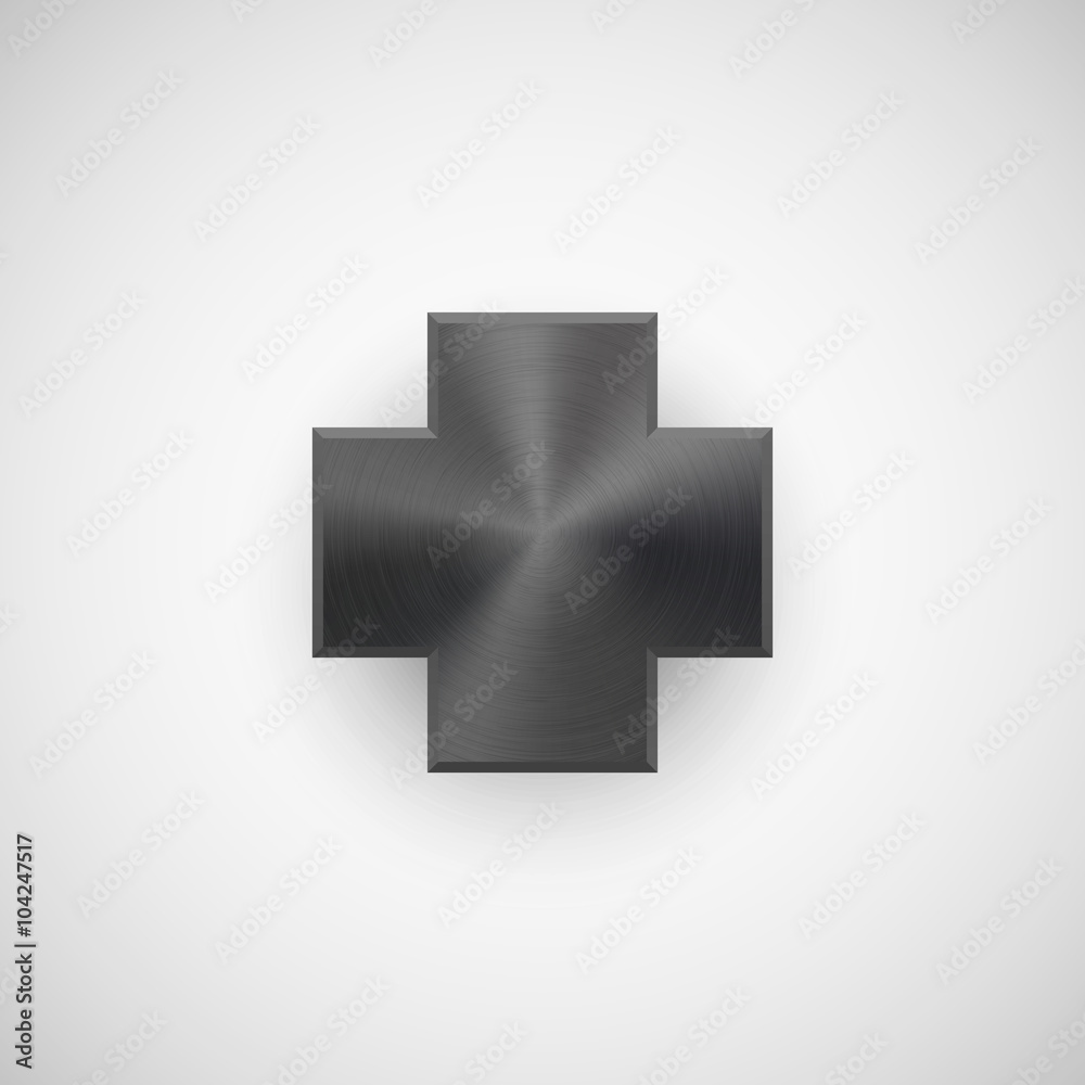 Black abstract cross badge, blank button template with metal texture, chrome, silver, steel and realistic shadow for logo, design concepts, banners, interfaces, UI, apps, web. Vector illustration. Black abstract cross badge, blank button template with metal texture, chrome, silver, steel and realistic shadow for logo, design concepts, banners, interfaces, UI, apps, web. Vector illustration.