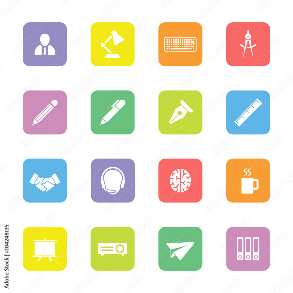 colorful flat icon set 8 on rounded rectangle for web design, user interface (UI), infographic and mobile application (apps)