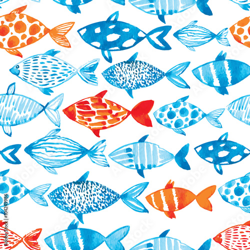 Vector watercolor fish on light background. Watercolor pattern s