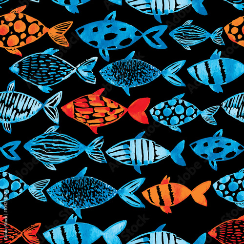 Light watercolor blue and gold fishes on the black background.