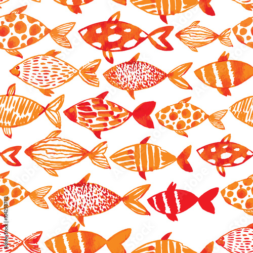 Light watercolor gold fishes. Seamlessly tiling fish pattern. Ve