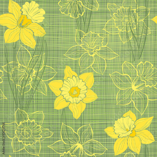 Fototapeta Naklejka Na Ścianę i Meble -  Seamless pattern with daffodils. Hand-drawn  vector illustration