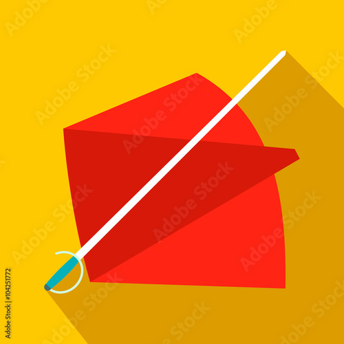 Red cape and sword icon, flat style 
