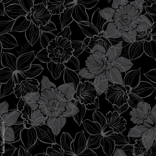 Seamless pattern with daffodils on black background. Hand-drawn vector background.