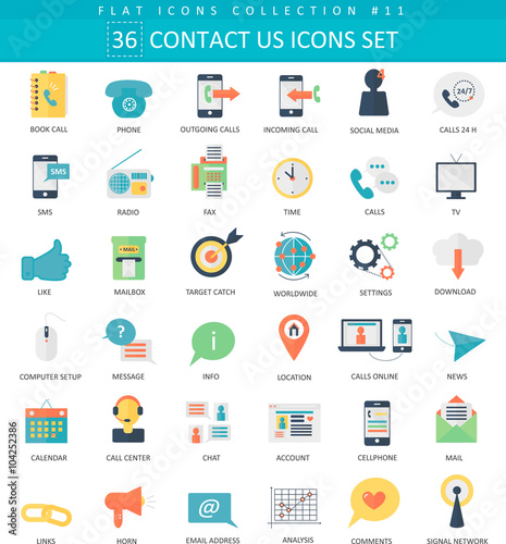 Vector contact us color flat icon set. Elegant style design.