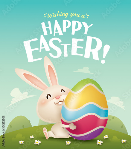 Happy Easter! Easter bunny and egg in field. 