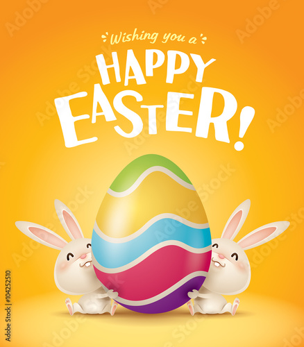 Happy Easter! Easter bunnies and egg in plain background. 