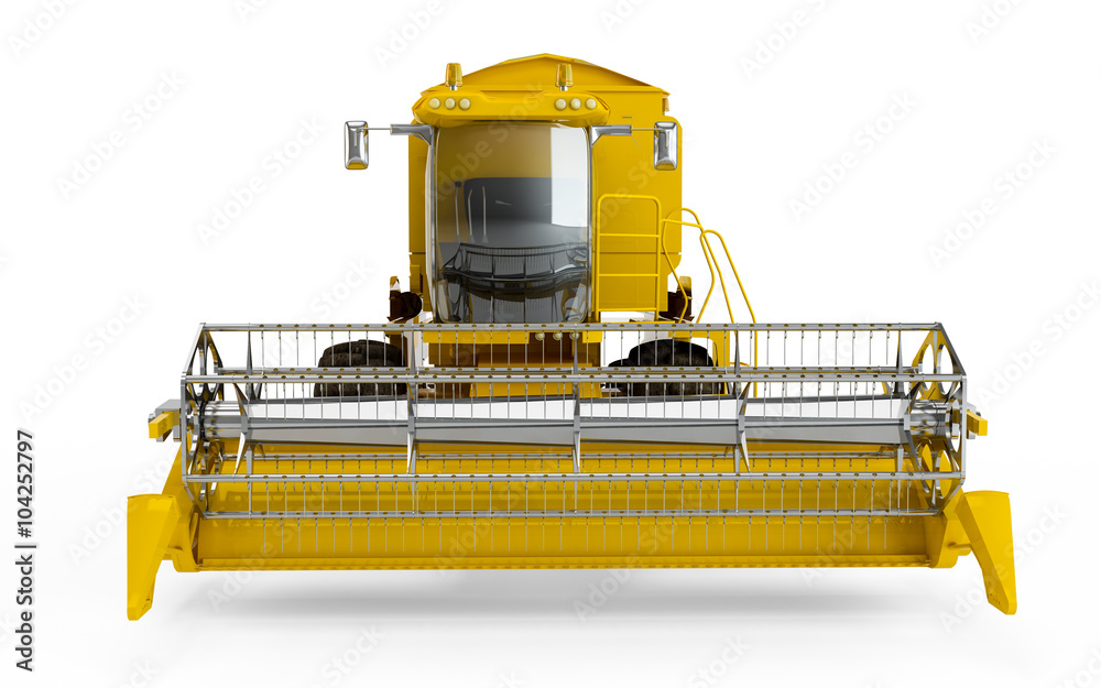 Obraz premium Yellow Combine harvester isolated on a white background. Front face view