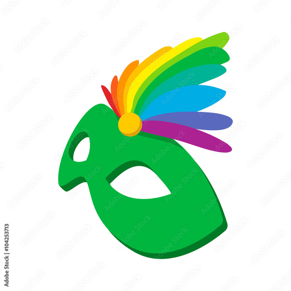 Carnival mask with feathers icon, cartoon style Carnival mask with feathers icon, cartoon style