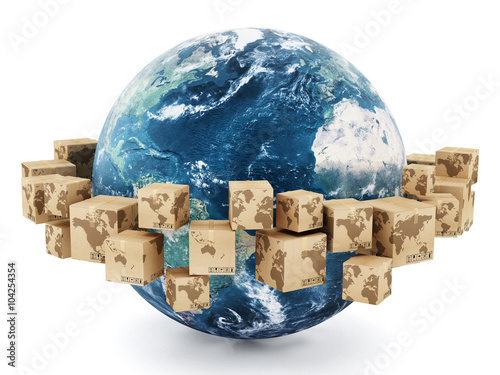 Fototapeta Naklejka Na Ścianę i Meble -  Cardboard boxes turning around the earth