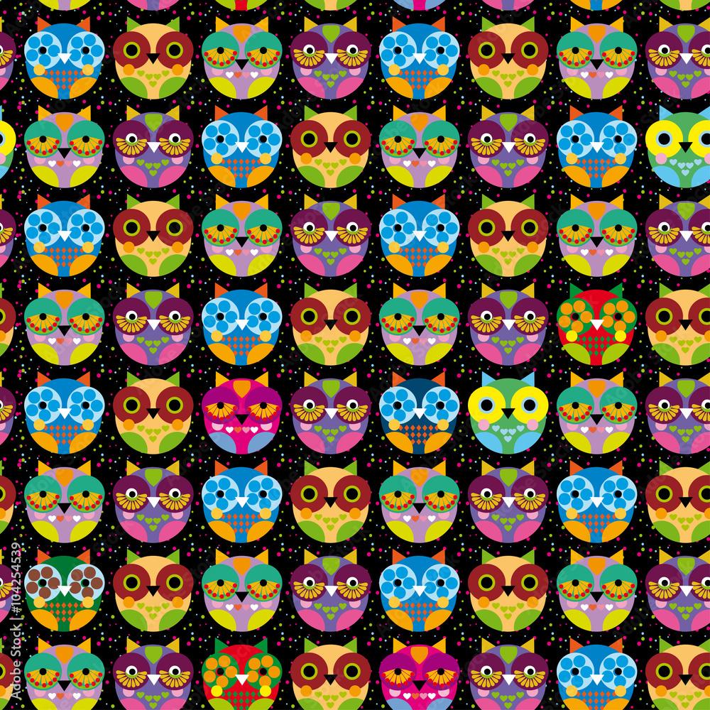 Seamless pattern with bright colored owl on a black background. Vector