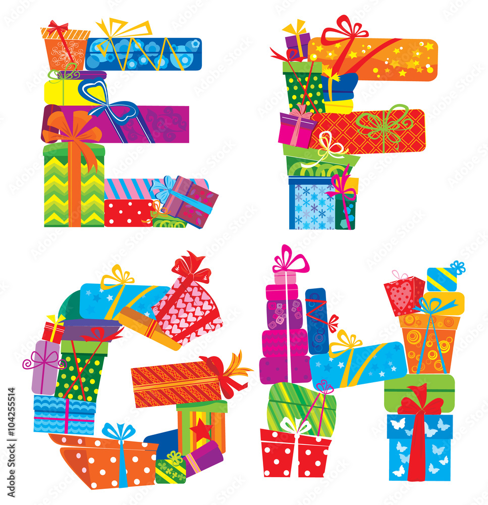 EFGH - english alphabet - letters are made of gift boxes and pre