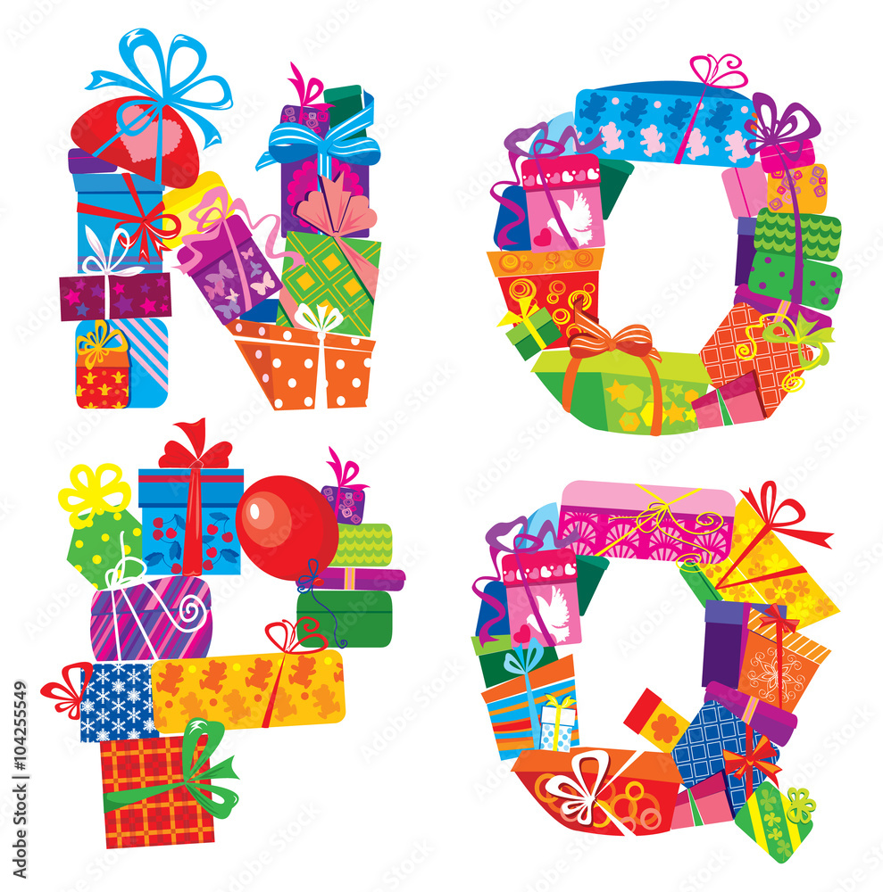 NOPQ - english alphabet - letters are made of gift boxes and pre