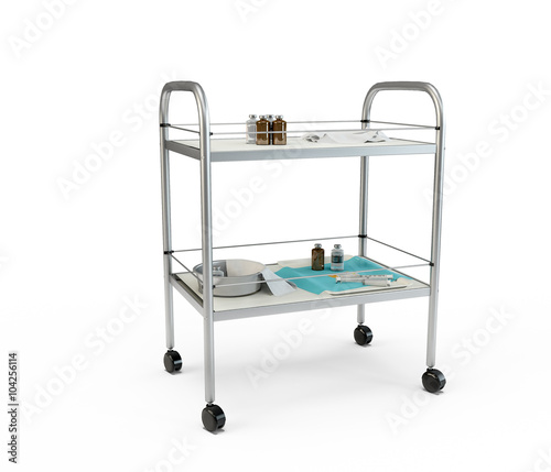 Stainless metal medical supply cabinet placed on a trolley, 3d illustration, isolated against a white background