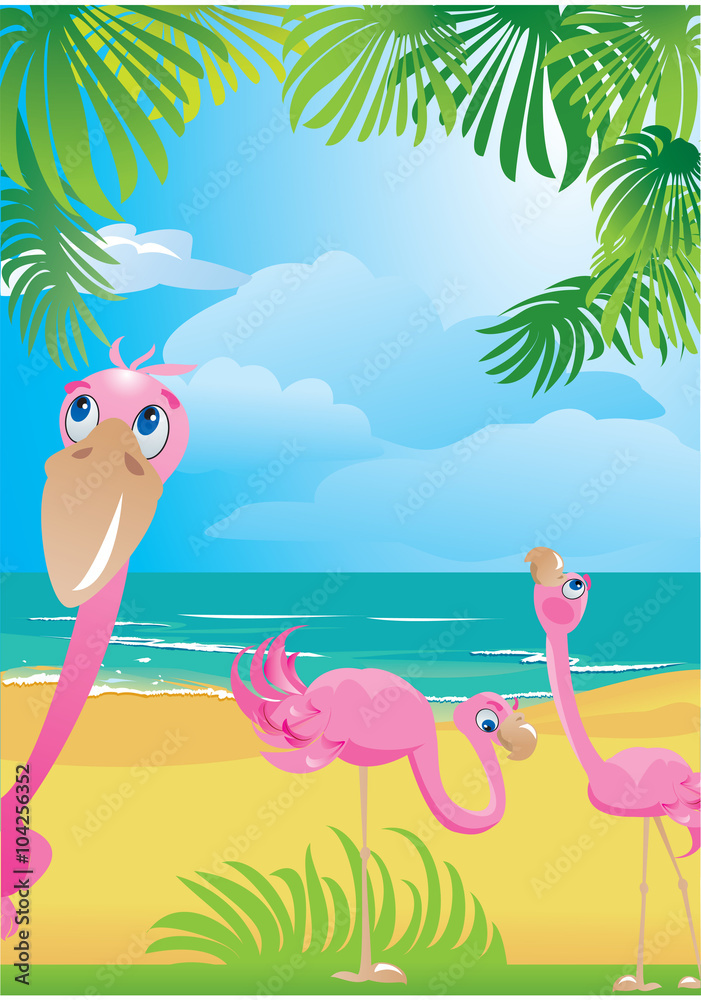 Fototapeta premium Portrait border with flamingos on beautiful tropical beach.