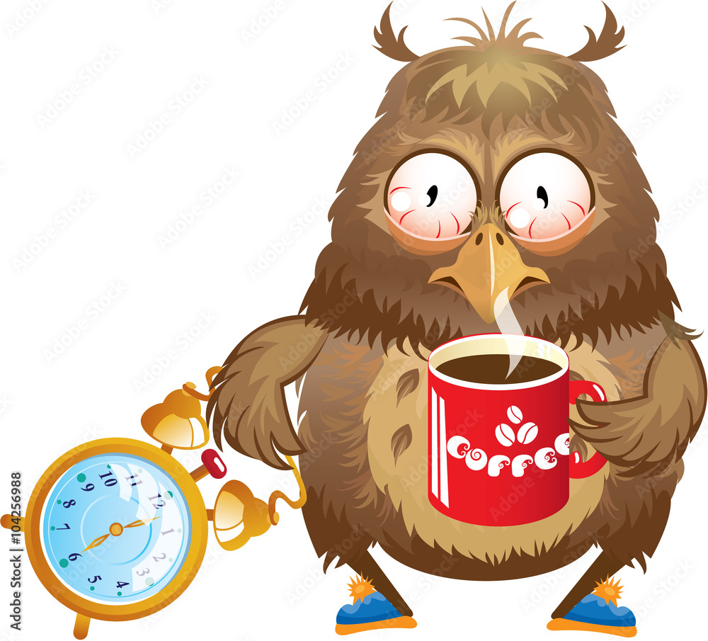 Naklejka premium Early morning time - funny owl with cup of coffee and alarm cloc