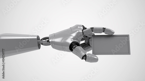 A robotic mechanical arm with business card. Strong stylish futuristic design concept. Cybernetic organism with Artificial Intelligence.