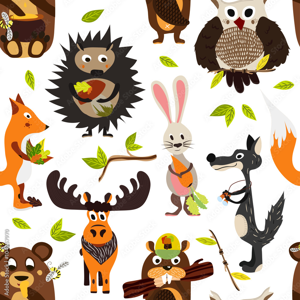 Obraz premium Cute seamless texture wild forest animal design on a white background. Cartoon style. Vector