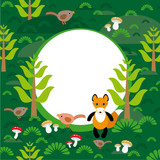 Fox background green forest with fir trees mushrooms birds. vector