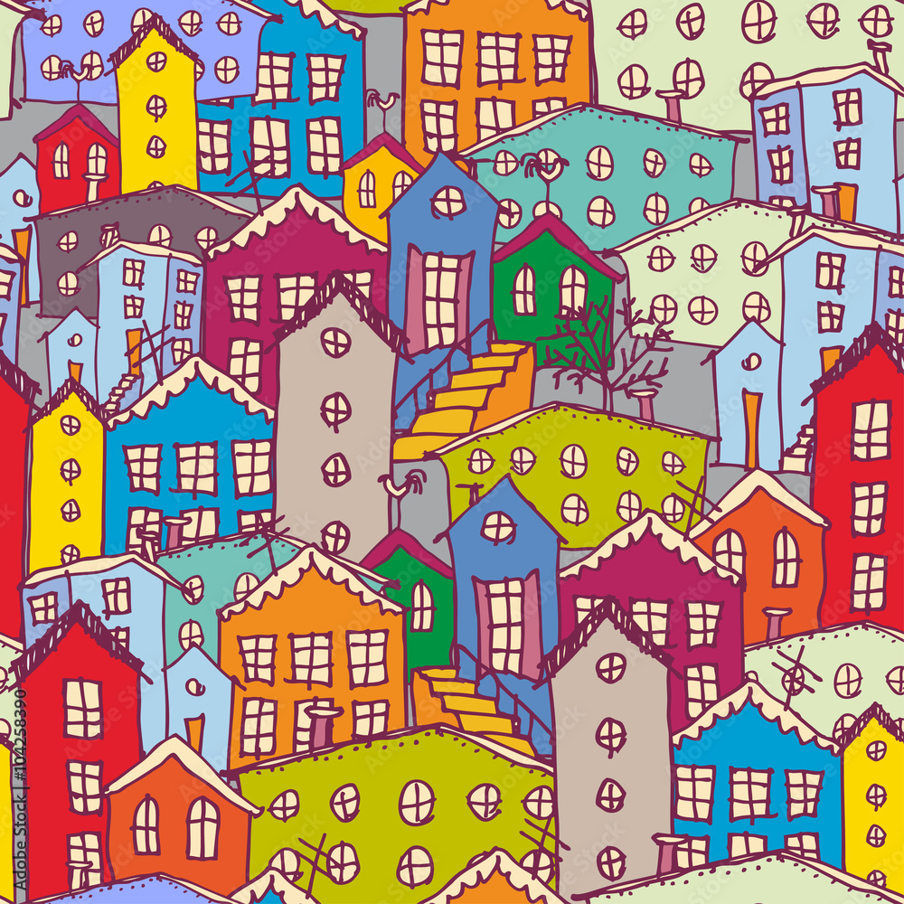 Cityscape seamless pattern. Sketch. orange, blue, purple. vector