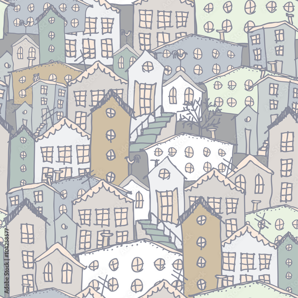 Urban winter landscape seamless pattern. Sketch. Gray, blue. illustration