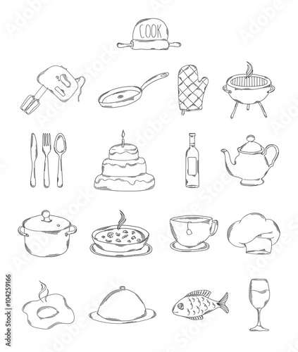 Professional collection of icons and elements. A set of cooking and kitchen hand drawn elements, , doodles isolated on white background. Vector