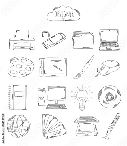 Professional collection of icons and elements. Set designer, computer hand drawn elements doodles isolated on white background. Vector