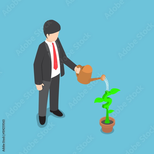 Isometric usinessman watering dollar flower plant